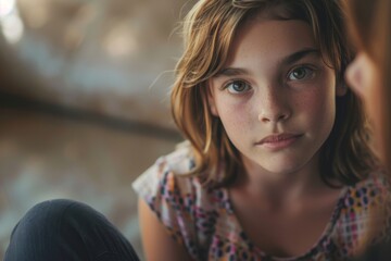 Fototapeta premium Young girl in therapy session with counselor child psychologist
