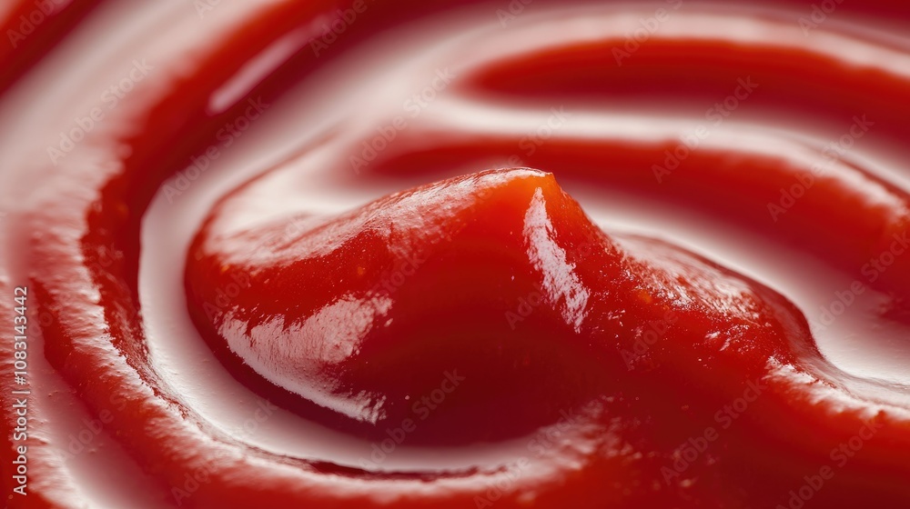 Poster close-up view of smooth and rich red ketchup swirl on a white background capturing the textures and 