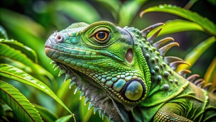 Obraz premium A Vibrant Green Iguana With Striking Yellow Eyes, Camouflaged Amongst Lush Foliage, Gazes Intently Towards An Unknown Destination