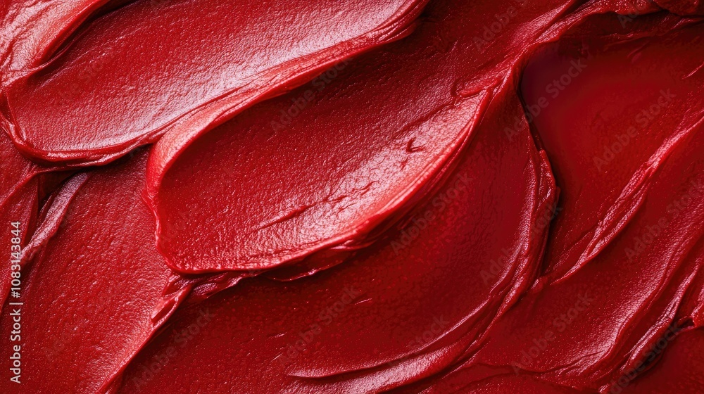 Poster close-up view of rich red paint or lipstick textured surface with flowing brush strokes showing dept