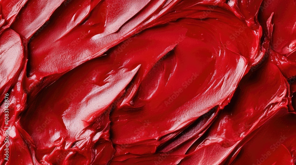 Poster vivid red texture of creamy paint creating dynamic swirls and depth, capturing the intensity and ric