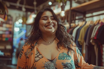 Obraz premium Portrait of a smiling body positive Hispanic woman at clothing store