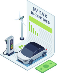 Isometric Electric Vehicle or EV Car Tax Incentives