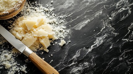 Grated parmesan cheese on dark surface with knife.