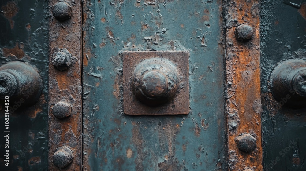 Poster close-up of rusty metallic door with textured surface and decorative elements in a weathered conditi