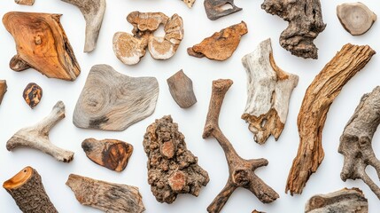 Obraz premium A Diverse Collection of Natural Wooden Pieces Showcasing Unique Textures and Shapes Ideal for Crafting, Decoration, and Nature-Inspired Projects