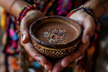 Cacao ceremony female hands holding a cup of pure organic