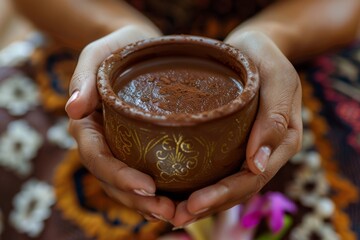 Cacao ceremony female hands holding a cup of pure organic