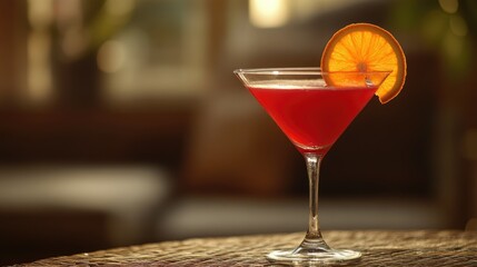 Refreshing Red Cocktail in Elegant Glass with Citrus Garnish, Perfect for Summer Parties and Celebrations with a Vibrant Background and Natural Light