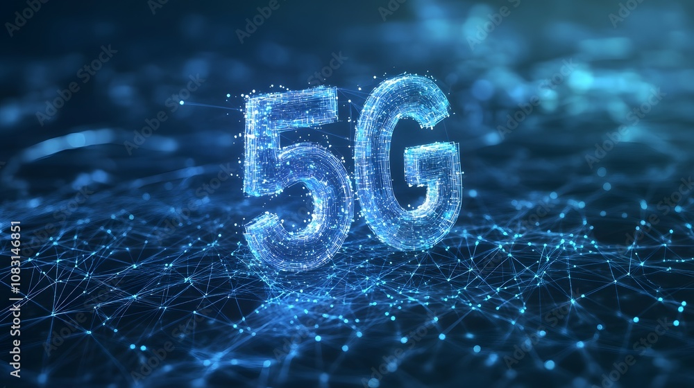 Poster a blue background with a 5g symbol in the middle. the symbol is made up of many small dots