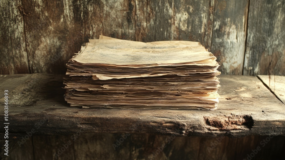 Poster collection of old vintage papers stacked on rustic wooden table with weathered texture and natural l
