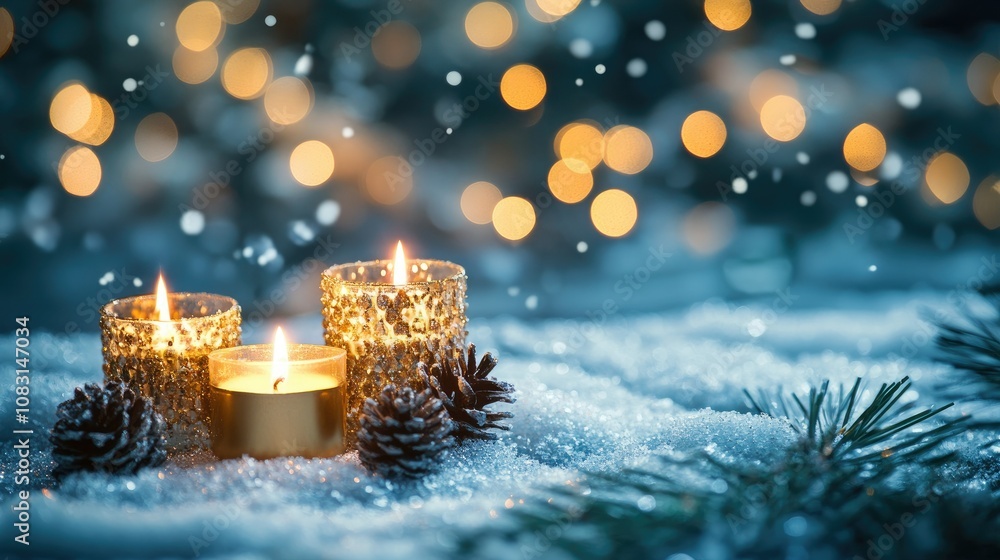 Poster cozy winter scene with three glowing candles on snowy surface surrounded by pine cones and soft boke