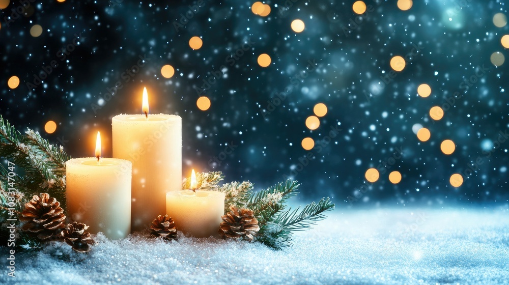Poster warm and inviting scene of lit candles surrounded by pinecones and evergreen branches with soft fall