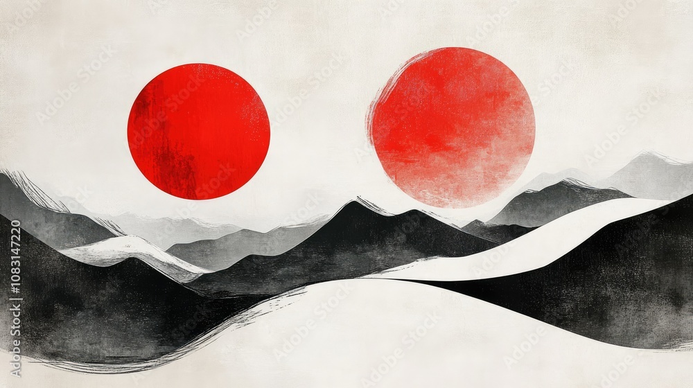 Poster abstract representation of two red suns in a serene landscape with mountains and flowing lines, conv