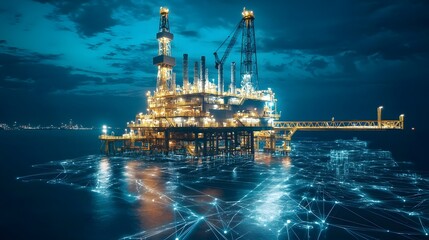 Obraz premium A large oil rig is floating in the ocean at night. The lights on the rig are glowing, creating a sense of movement and energy. The scene is both beautiful and powerful