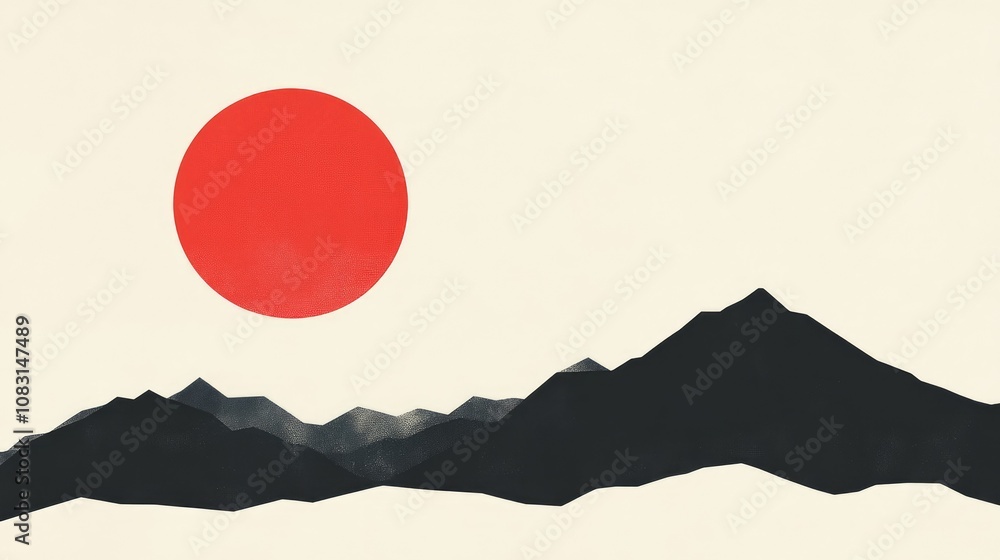 Aufkleber abstract minimalist landscape with red sun and black mountains set against a light background creati
