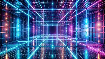 Obraz premium A futuristic, neon-lit corridor with a grid pattern on the floor and walls, creating an illusion of depth and infinite space.