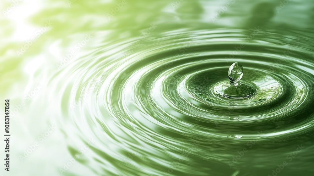 Poster close-up view of water droplet creating ripples on green water surface with soft background light, p