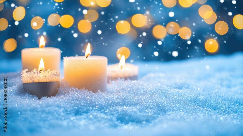 Poster beautifully lit white candles glowing in snowy landscape with soft bokeh lights in background, creat