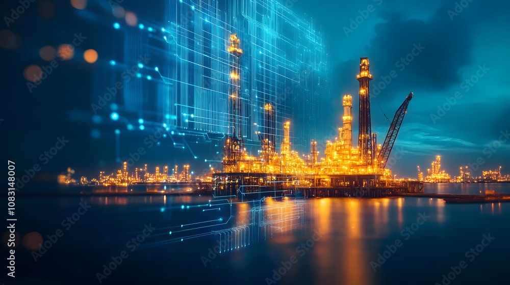 Poster a city skyline with a large oil refinery in the background. the image is a computer generated render