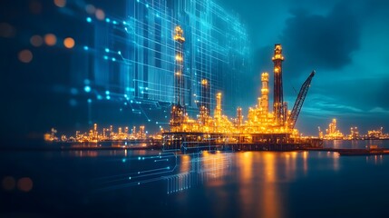 A city skyline with a large oil refinery in the background. The image is a computer generated rendering of a cityscape with a large oil refinery in the background. Scene is industrial and urban