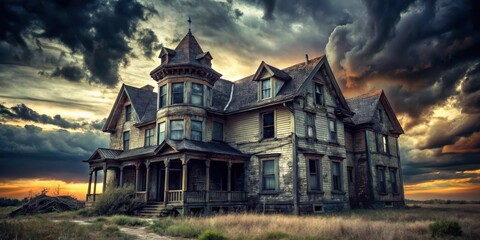 Fototapeta premium A weathered Victorian mansion with an elaborate tower stands against a dramatic backdrop of stormy clouds and a sunset sky.