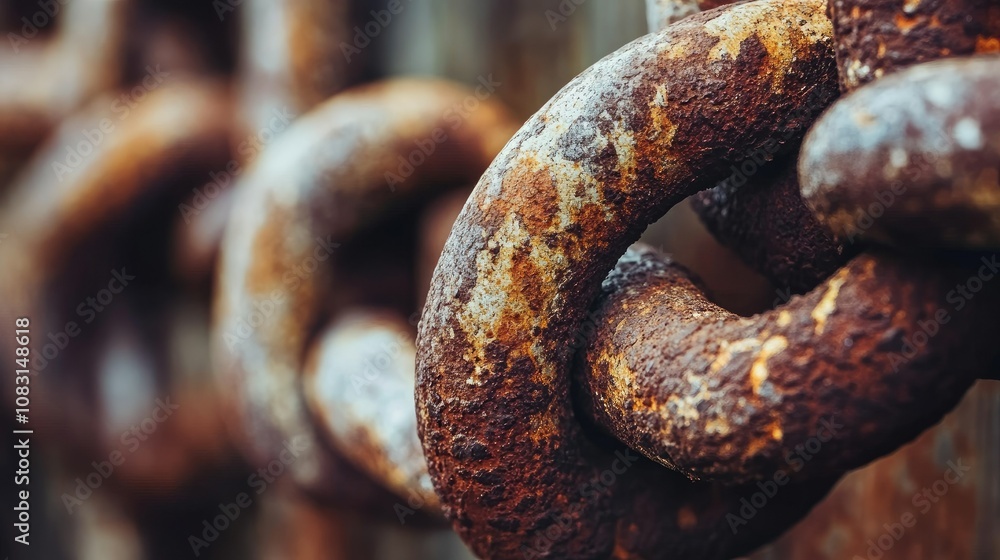 Poster close-up view of weathered metal chains displaying rust and textures in an industrial environment, c