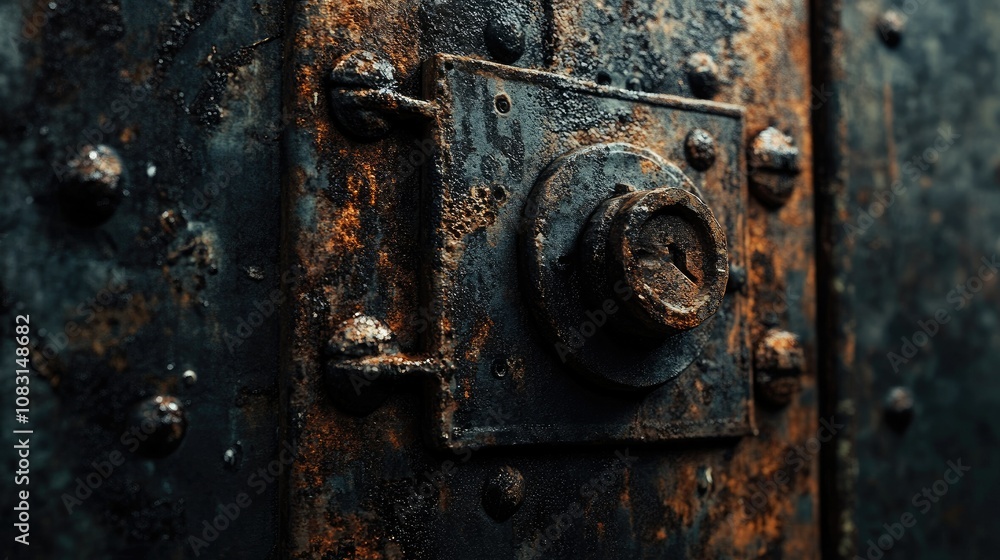 Poster close-up of a rusty and weathered lock mechanism on an old vault door showing textures, corrosion an