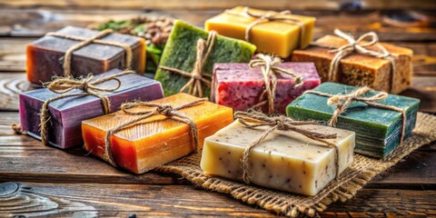A collection of artisanal soap bars, each meticulously wrapped with twine, showcasing a vibrant spectrum of colors and natural ingredients, resting on a rustic wooden surface
