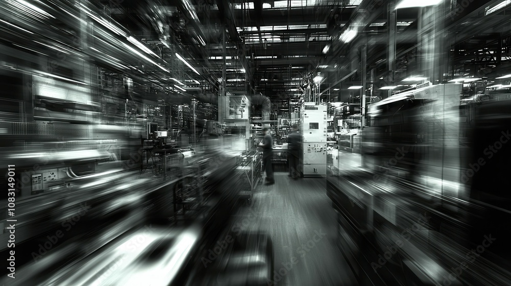 Poster dynamic view of a busy factory floor featuring fast-paced machines and workers in action, capturing 