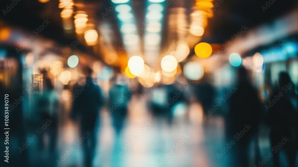 Poster blurry image depicting a crowded train station filled with commuters in motion, capturing the atmosp