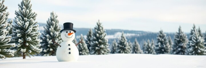 Obraz premium Happy snowman with a carrot nose and a top hat standing in a snowy landscape with pine trees, a clear blue sky, and copy space for text, pine trees, seasonal, frosty