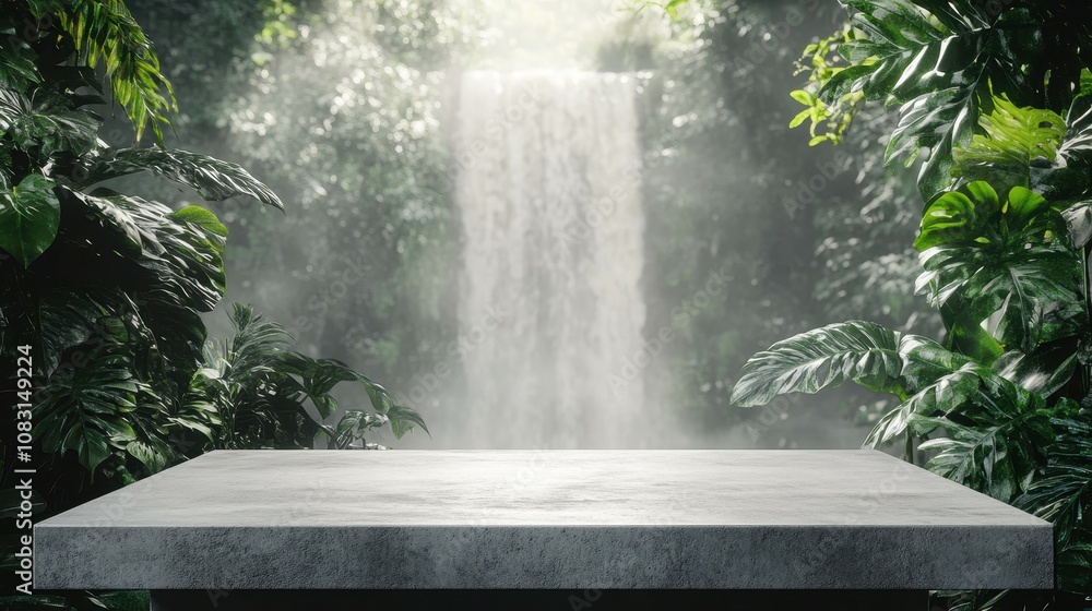 Poster empty concrete table surrounded by lush greenery with a breathtaking waterfall in a beautiful bokeh 