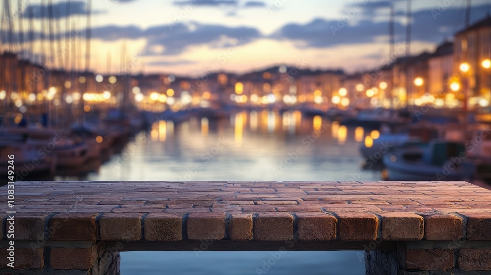 Poster serene empty brick table overlooking a harbor with blurry boats and bokeh lights in the background a