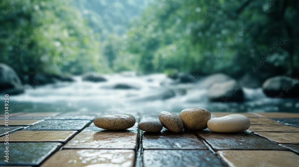 Poster serene empty tiled table overlooking a tranquil mountain river with rushing water and beautiful boke