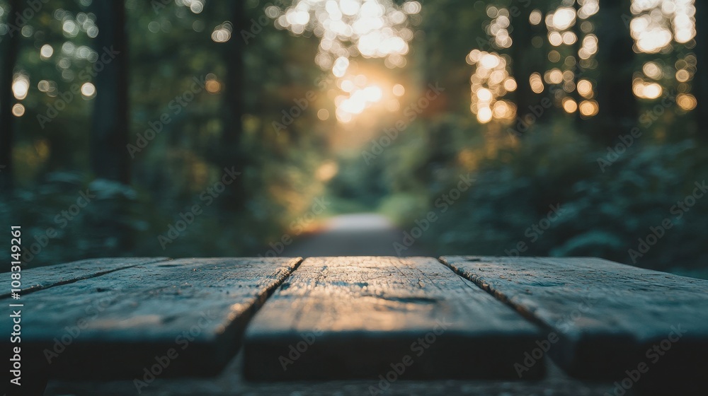 Poster serene empty wooden table in a lush forest setting with a beautiful bokeh background evoking tranqui