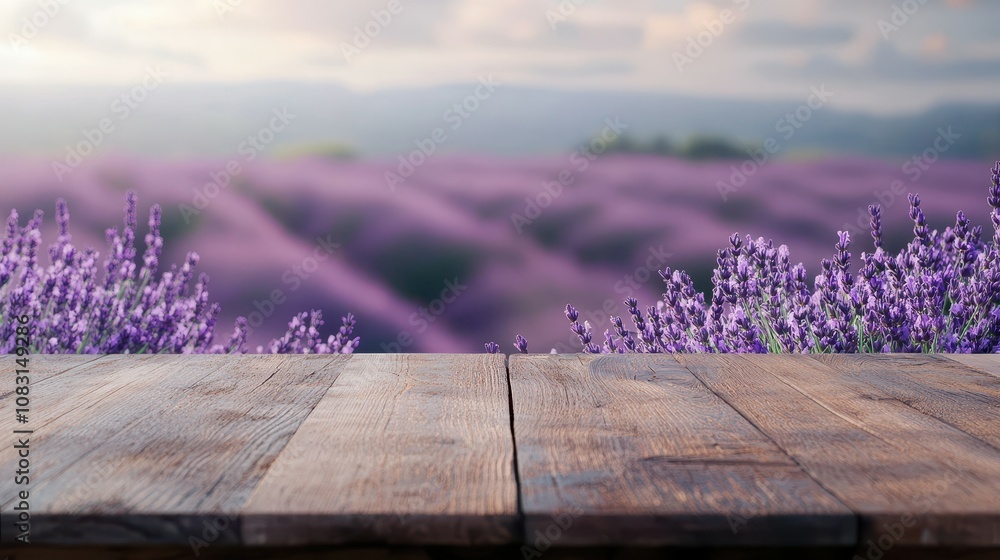 Poster serene view of an empty wooden table with a beautiful lavender field in bokeh background for inspira