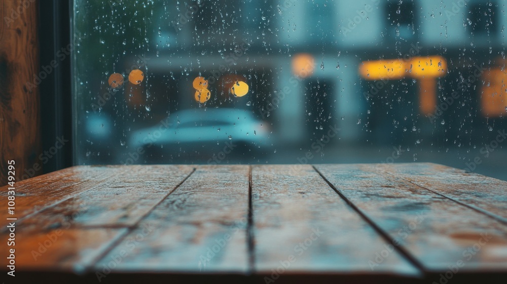 Poster empty wooden table beside rainy window with bokeh background, capturing tranquil atmosphere and natu