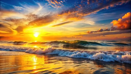 Obraz premium A breathtaking sunset casts a golden glow on the crashing waves, painting the sky with vibrant hues of orange, pink, and blue.