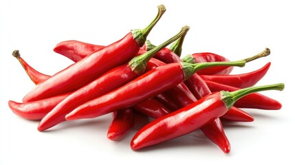 Fresh and Vibrant Red Chili Peppers Piled Together, Showcasing Their Natural Glossy Skin and Crisp Texture on a White Background
