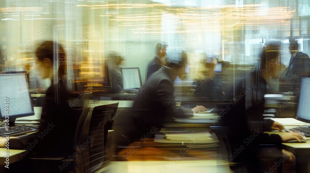 Poster professional office environment with blurred colleagues working at computers, capturing a dynamic an