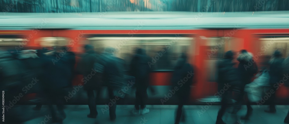 Poster dynamic scene of a diverse group of people rushing to board a metro train in an urban environment wi