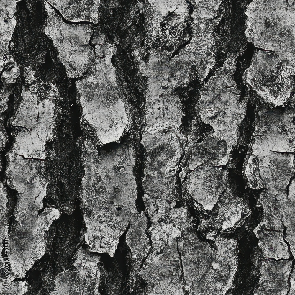 Poster detailed close-up of rough tree bark featuring deep grooves, natural texture and unique patterns in 