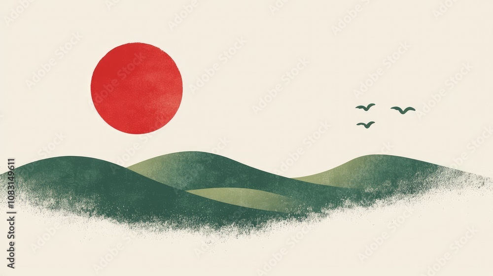 Poster tranquil landscape with red sun and minimalistic hills featuring birds in the sky, capturing peacefu