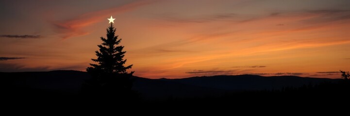 Obraz premium Silhouette of a Christmas tree against a colorful sunset sky, landscape, dusk, celebration