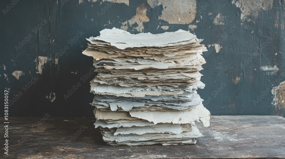Poster stacked handcrafted papers with texture and gradient colors on a rustic table surrounded by vintage 