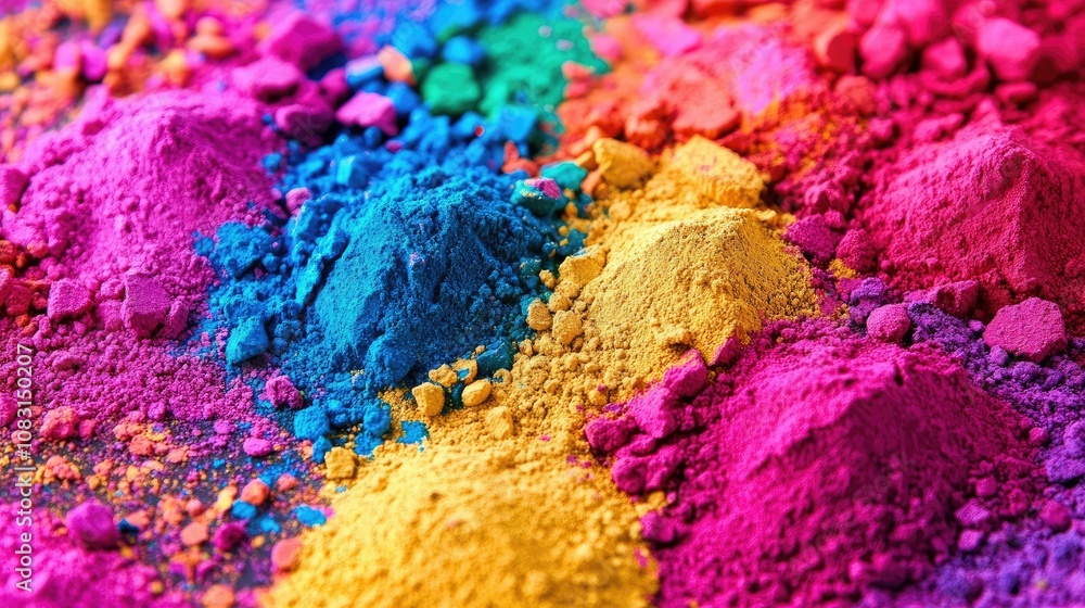 Poster vibrant colorful powders spread across a surface, showcasing an array of bright shades perfect for c