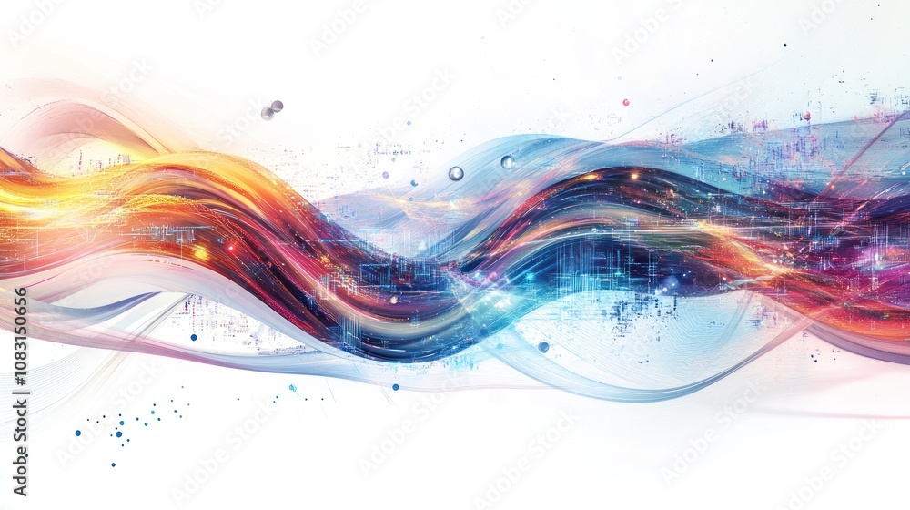 Poster internet, featuring swirling waves of color intertwined with digital circuits on a clean white backg