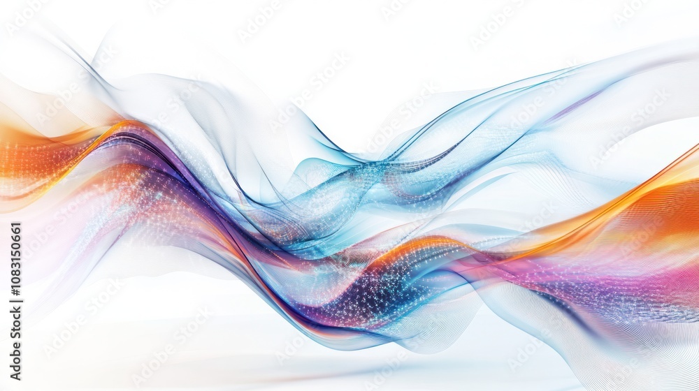 Poster internet, featuring swirling waves of color intertwined with digital circuits on a clean white backg