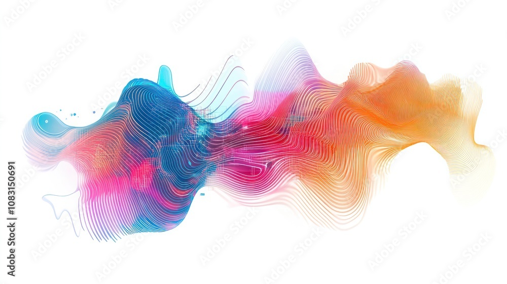 Poster internet, featuring swirling waves of color intertwined with digital circuits on a clean white backg